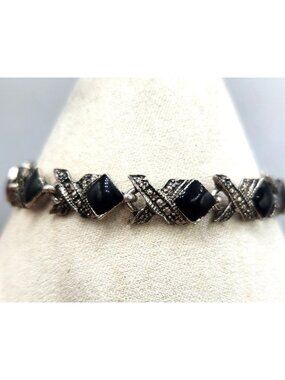 Black & Silver Tone Geometric Tennis Bracelet Onyx With Marcasite Accents